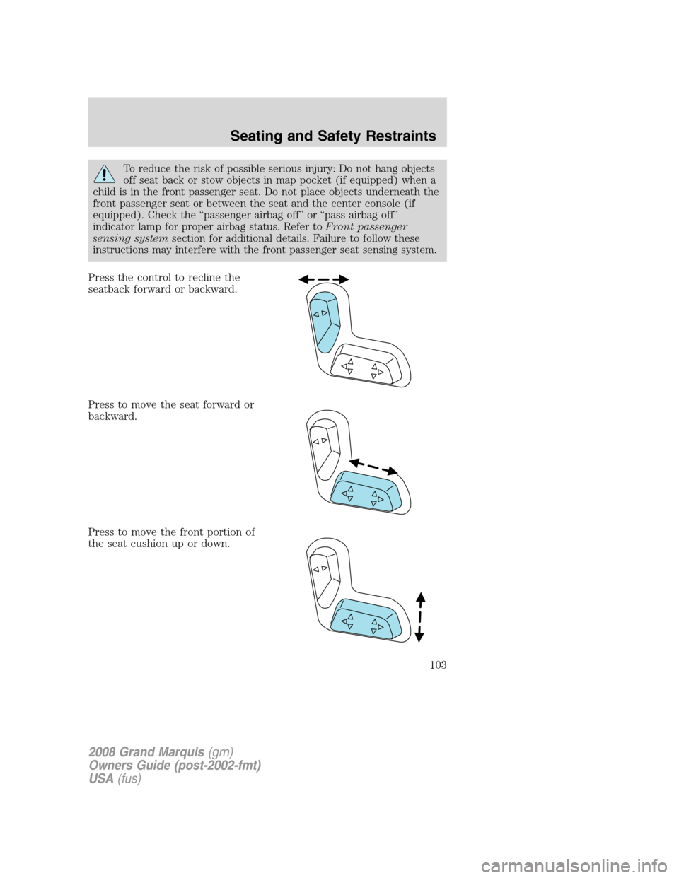 Mercury Grand Marquis 2008 Owners Manuals To reduce the risk of possible serious injury: Do not hang objects
off seat back or stow objects in map pocket (if equipped) when a
child is in the front passenger seat. Do not place objects underneat Mercury Grand Marquis 2008 Owners Manuals To reduce the risk of possible serious injury: Do not hang objects
off seat back or stow objects in map pocket (if equipped) when a
child is in the front passenger seat. Do not place objects underneat
