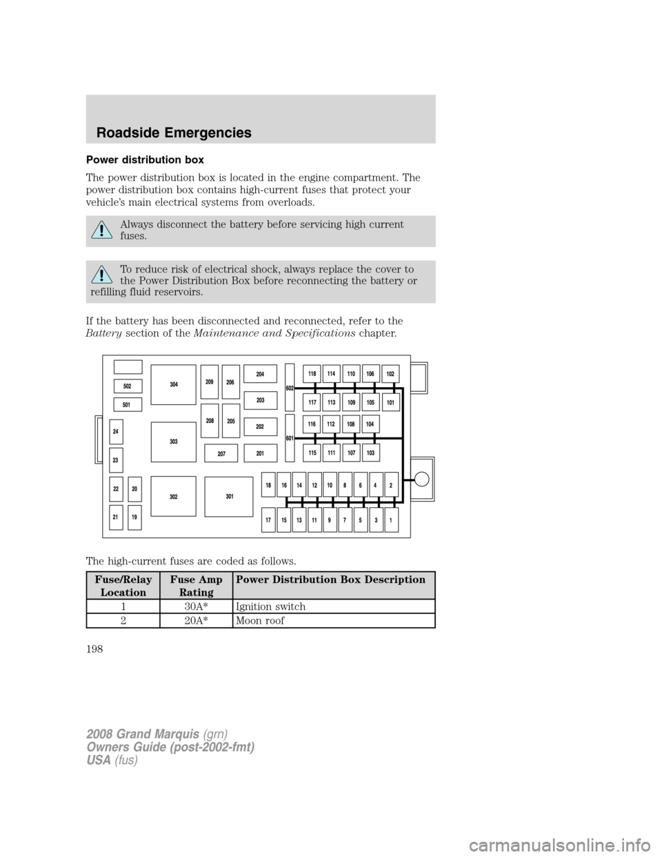 Mercury Grand Marquis 2008 Owners Manuals Power distribution box
The power distribution box is located in the engine compartment. The
power distribution box contains high-current fuses that protect your
vehicle’s main electrical systems fro Mercury Grand Marquis 2008 Owners Manuals Power distribution box
The power distribution box is located in the engine compartment. The
power distribution box contains high-current fuses that protect your
vehicle’s main electrical systems fro