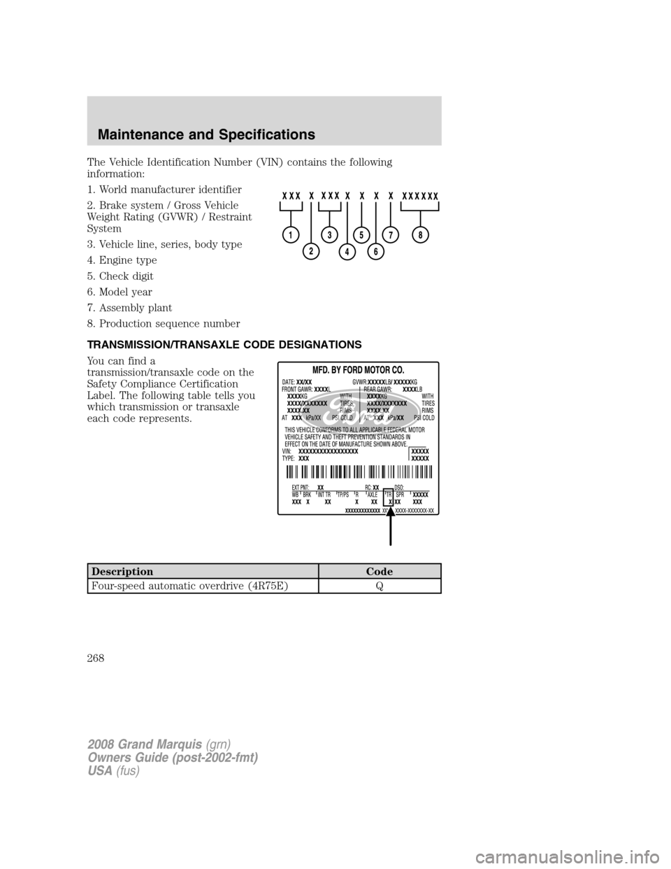 Mercury Grand Marquis 2008  s Owners Guide The Vehicle Identification Number (VIN) contains the following
information:
1. World manufacturer identifier
2. Brake system / Gross Vehicle
Weight Rating (GVWR) / Restraint
System
3. Vehicle line, se