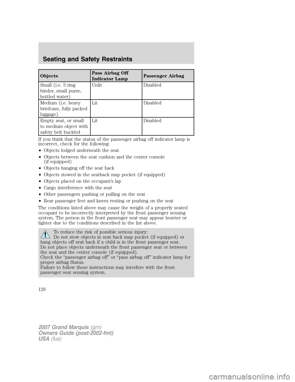 Mercury Grand Marquis 2007  Owners Manuals ObjectsPass Airbag Off
Indicator LampPassenger Airbag
Small (i.e. 3 ring
binder, small purse,
bottled water)Unlit Disabled
Medium (i.e. heavy
briefcase, fully packed
luggage)Lit Disabled
Empty seat, o