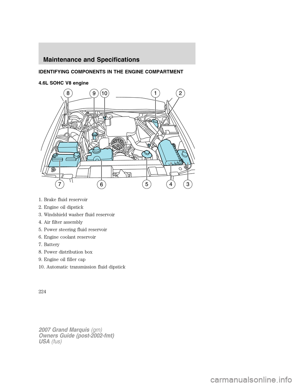 Mercury Grand Marquis 2007  s Service Manual IDENTIFYING COMPONENTS IN THE ENGINE COMPARTMENT
4.6L SOHC V8 engine
1. Brake fluid reservoir
2. Engine oil dipstick
3. Windshield washer fluid reservoir
4. Air filter assembly
5. Power steering fluid