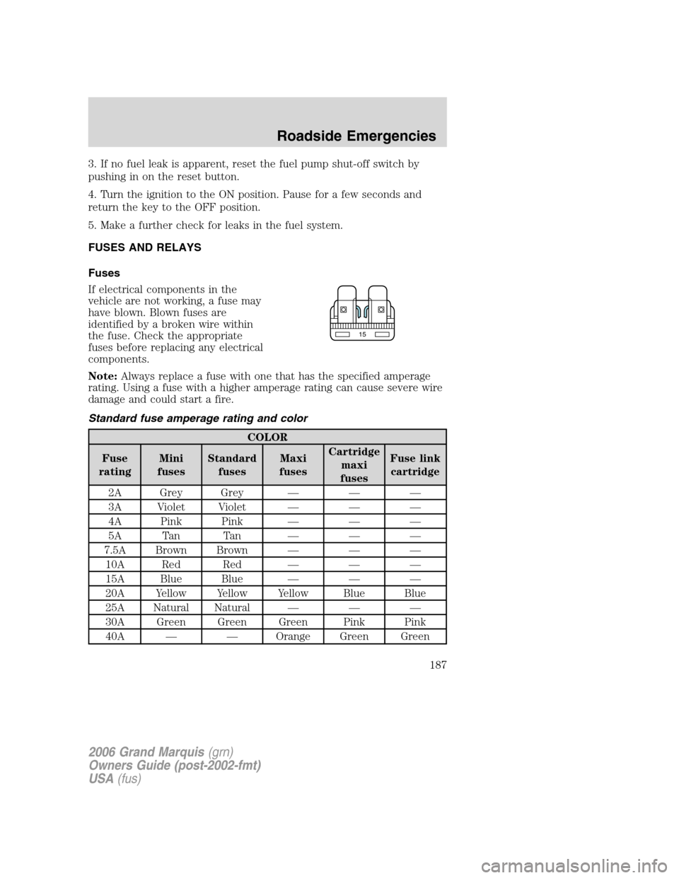 Mercury Grand Marquis 2006  Owners Manuals 3. If no fuel leak is apparent, reset the fuel pump shut-off switch by
pushing in on the reset button.
4. Turn the ignition to the ON position. Pause for a few seconds and
return the key to the OFF po