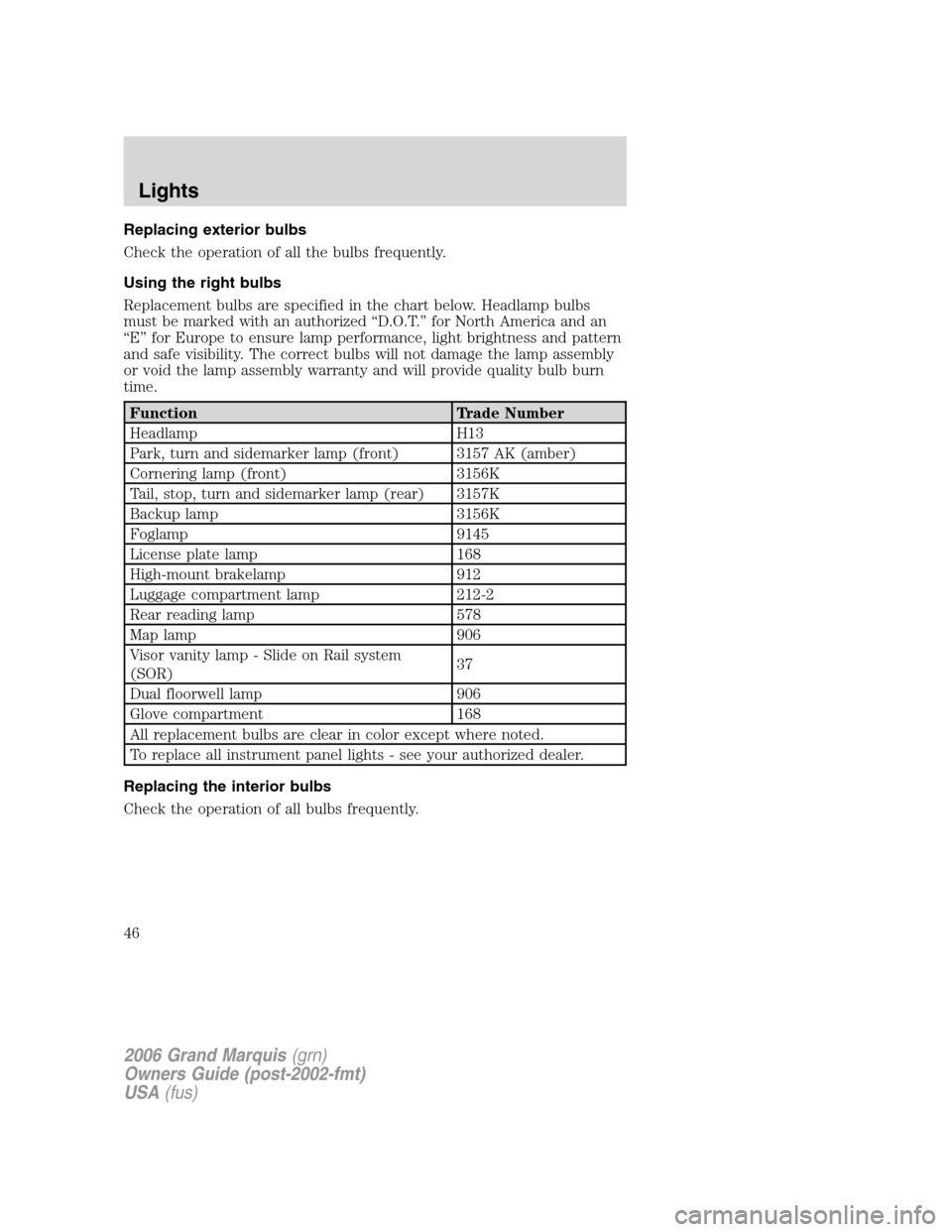 Mercury Grand Marquis 2006 Owners Manuals Replacing exterior bulbs
Check the operation of all the bulbs frequently.
Using the right bulbs
Replacement bulbs are specified in the chart below. Headlamp bulbs
must be marked with an authorized “ Mercury Grand Marquis 2006 Owners Manuals Replacing exterior bulbs
Check the operation of all the bulbs frequently.
Using the right bulbs
Replacement bulbs are specified in the chart below. Headlamp bulbs
must be marked with an authorized “