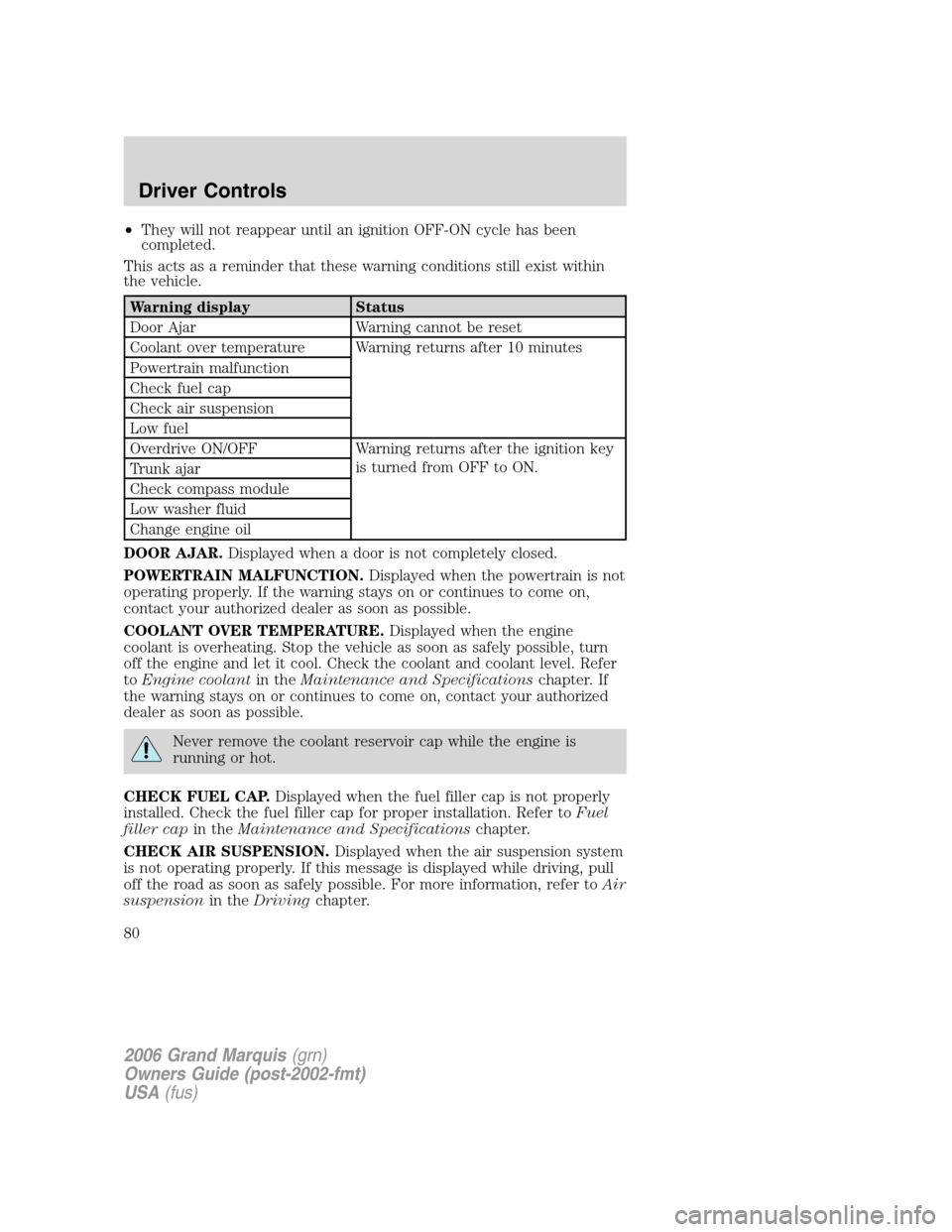 Mercury Grand Marquis 2006 Owners Manuals •They will not reappear until an ignition OFF-ON cycle has been
completed.
This acts as a reminder that these warning conditions still exist within
the vehicle.
Warning display Status
Door Ajar Warn Mercury Grand Marquis 2006 Owners Manuals •They will not reappear until an ignition OFF-ON cycle has been
completed.
This acts as a reminder that these warning conditions still exist within
the vehicle.
Warning display Status
Door Ajar Warn