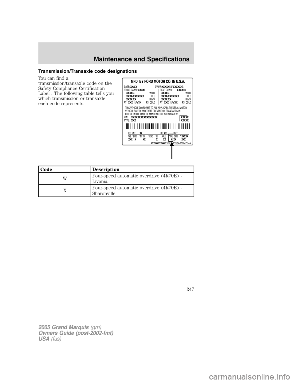 Mercury Grand Marquis 2005  Owners Manuals Transmission/Transaxle code designations
You can find a
transmission/transaxle code on the
Safety Compliance Certification
Label . The following table tells you
which transmission or transaxle
each co