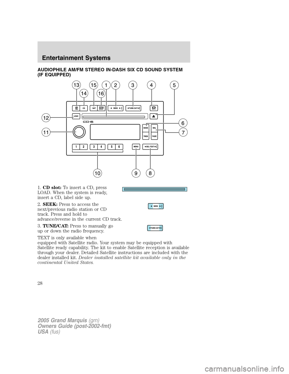 Mercury Grand Marquis 2005  s Owners Guide AUDIOPHILE AM/FM STEREO IN-DASH SIX CD SOUND SYSTEM
(IF EQUIPPED)
1.CD slot:To insert a CD, press
LOAD. When the system is ready,
insert a CD, label side up.
2.SEEK:Press to access the
next/previous r