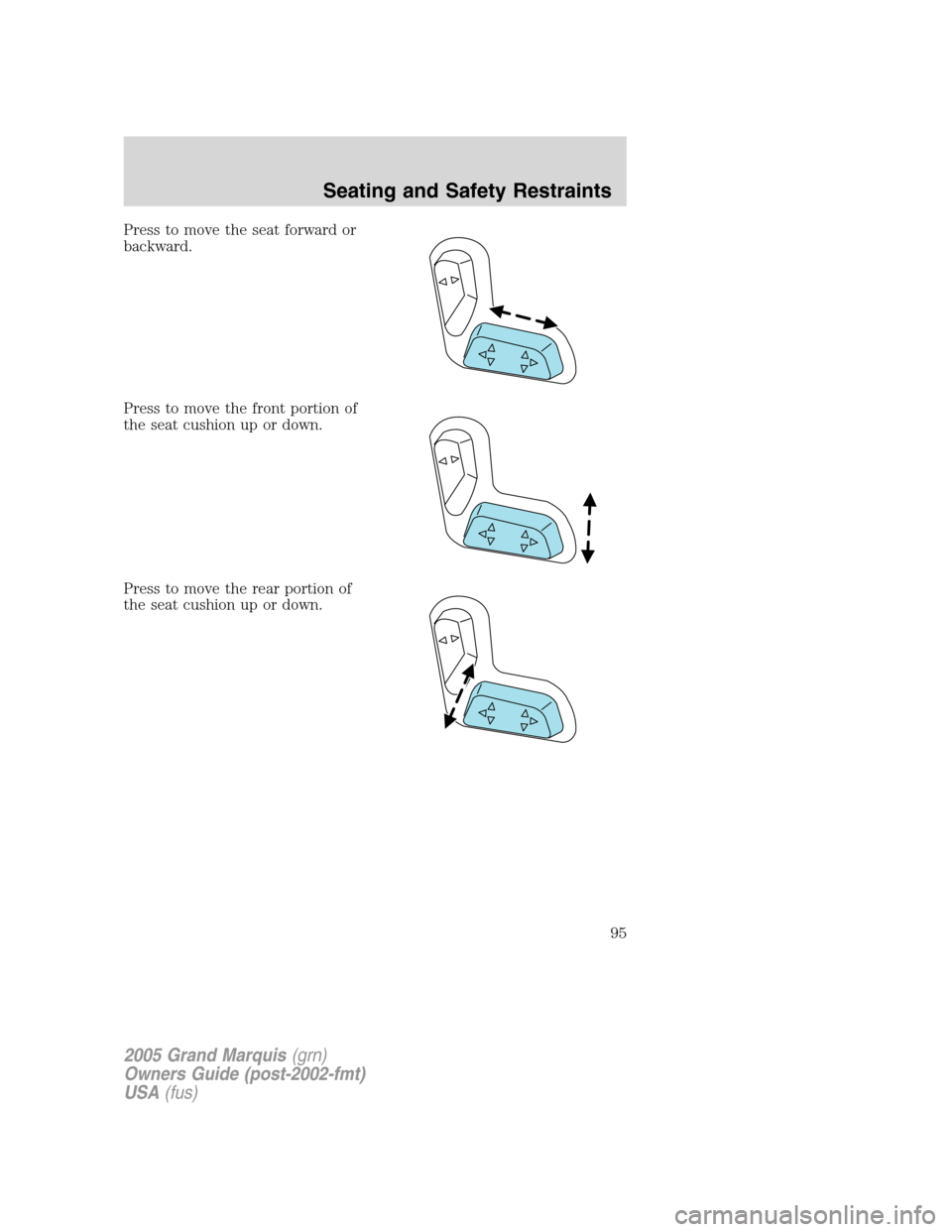 Mercury Grand Marquis 2005  s Owners Manual Press to move the seat forward or
backward.
Press to move the front portion of
the seat cushion up or down.
Press to move the rear portion of
the seat cushion up or down.
2005 Grand Marquis(grn)
Owner