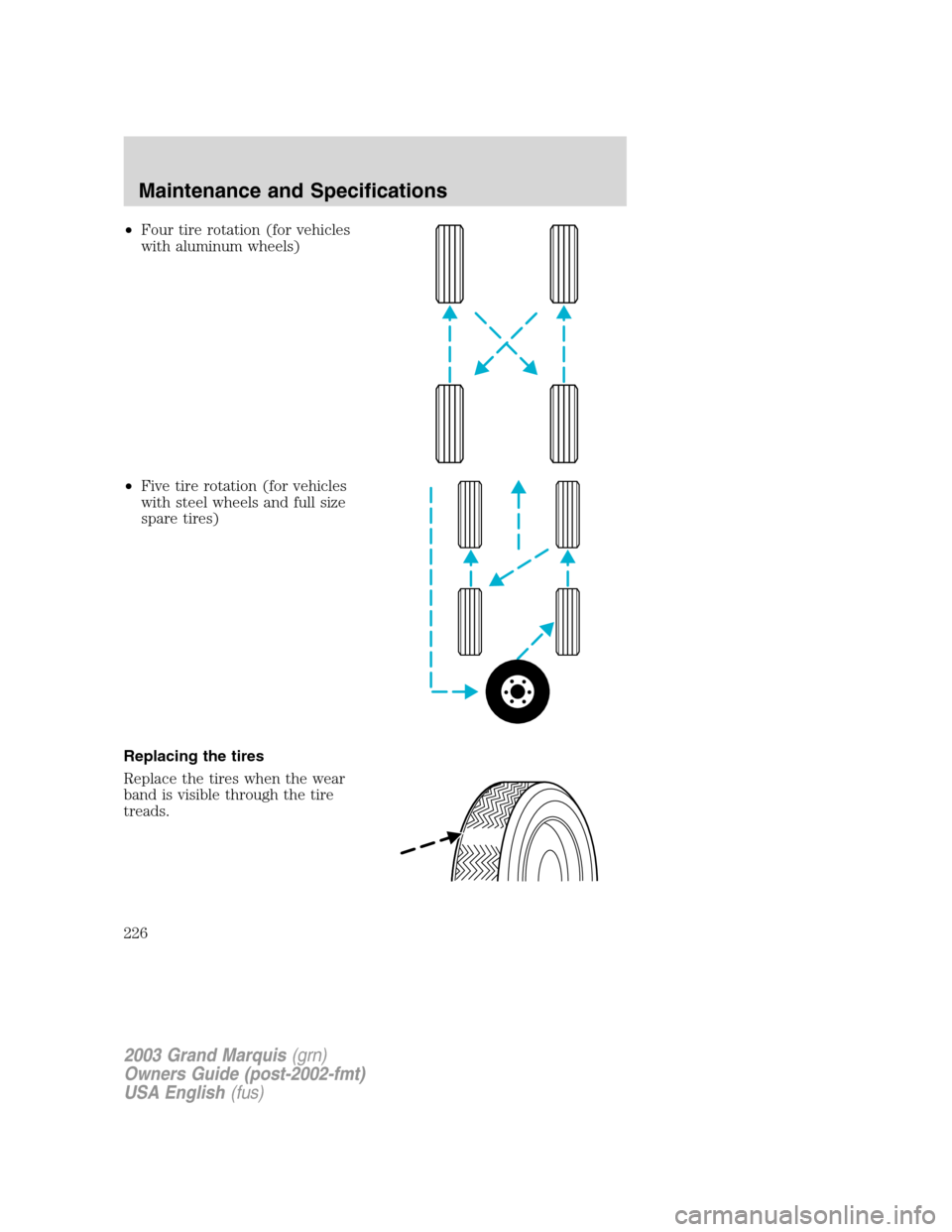 Mercury Grand Marquis 2003  Owners Manuals •Four tire rotation (for vehicles
with aluminum wheels)
•Five tire rotation (for vehicles
with steel wheels and full size
spare tires)
Replacing the tires
Replace the tires when the wear
band is v