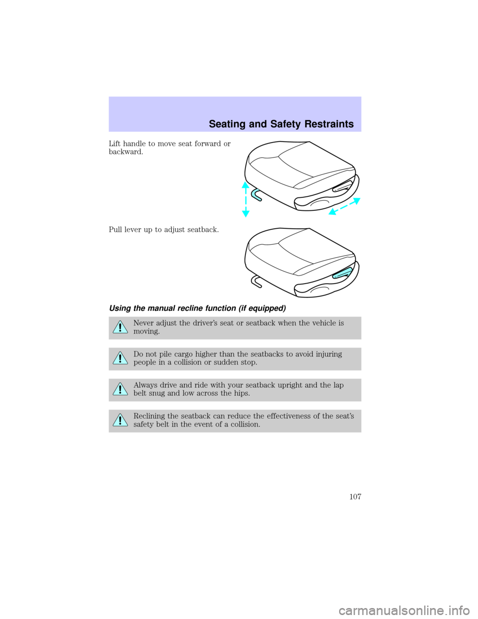 Mercury Grand Marquis 2002  Owners Manuals Lift handle to move seat forward or
backward.
Pull lever up to adjust seatback.
Using the manual recline function (if equipped)
Never adjust the drivers seat or seatback when the vehicle is
moving.
D