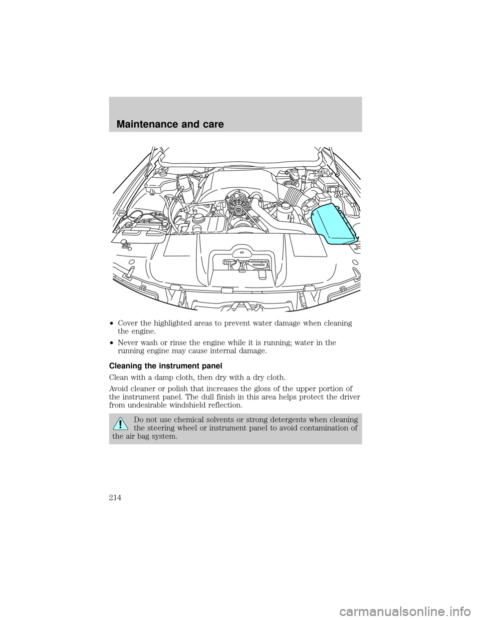 Mercury Grand Marquis 2001  s Repair Manual ²Cover the highlighted areas to prevent water damage when cleaning
the engine.
²Never wash or rinse the engine while it is running; water in the
running engine may cause internal damage.
Cleaning th