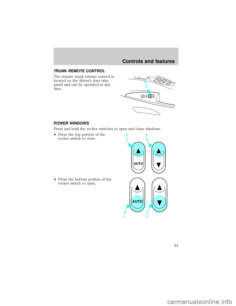 Mercury Grand Marquis 2001  Owners Manuals TRUNK REMOTE CONTROL
The remote trunk release control is
located on the drivers door trim
panel and can be operated at any
time.
POWER WINDOWS
Press and hold the rocker switches to open and close win