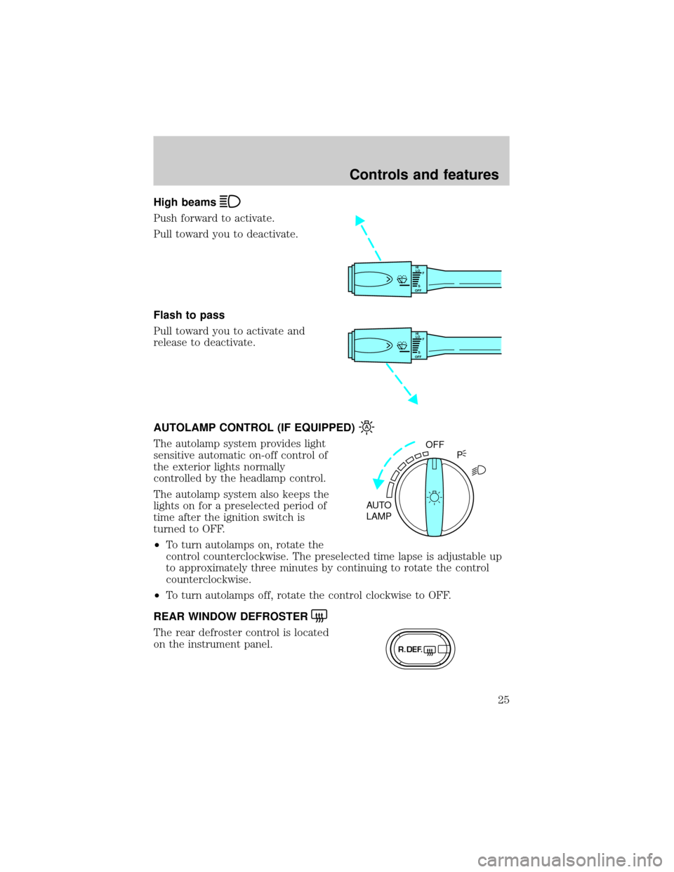 Mercury Grand Marquis 2000  s Owners Guide High beams
Push forward to activate.
Pull toward you to deactivate.
Flash to pass
Pull toward you to activate and
release to deactivate.
AUTOLAMP CONTROL (IF EQUIPPED)
The autolamp system provides lig