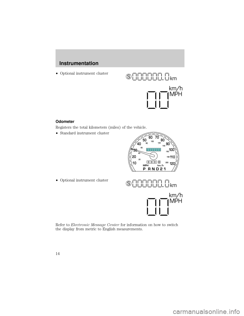 Mercury Grand Marquis 1999  s User Guide ²Optional instrument cluster
Odometer
Registers the total kilometers (miles) of the vehicle.
²Standard instrument cluster
²Optional instrument cluster
Refer toElectronic Message Centerfor informati