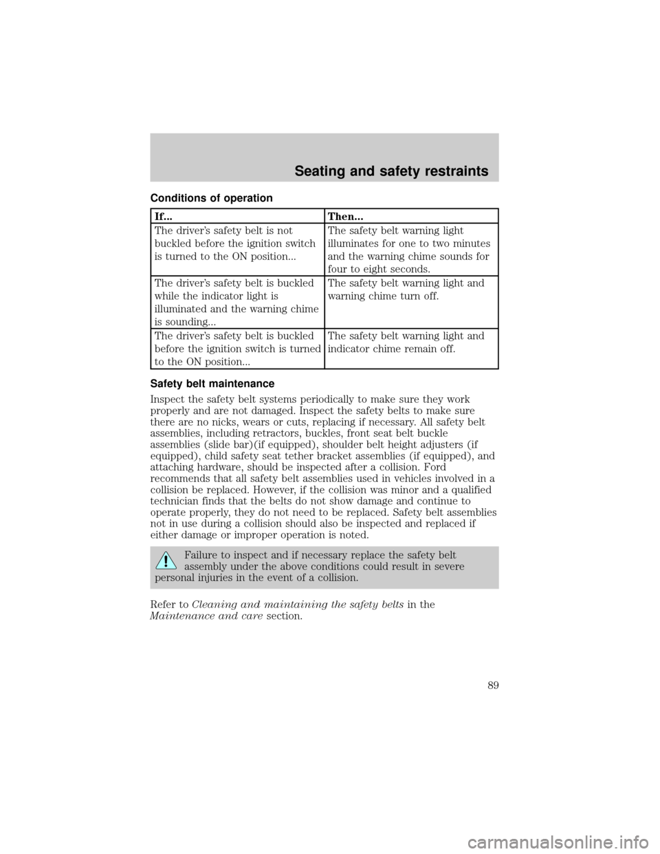 Mercury Grand Marquis 1999  Owners Manuals Conditions of operation
If... Then...
The drivers safety belt is not
buckled before the ignition switch
is turned to the ON position...The safety belt warning light
illuminates for one to two minutes