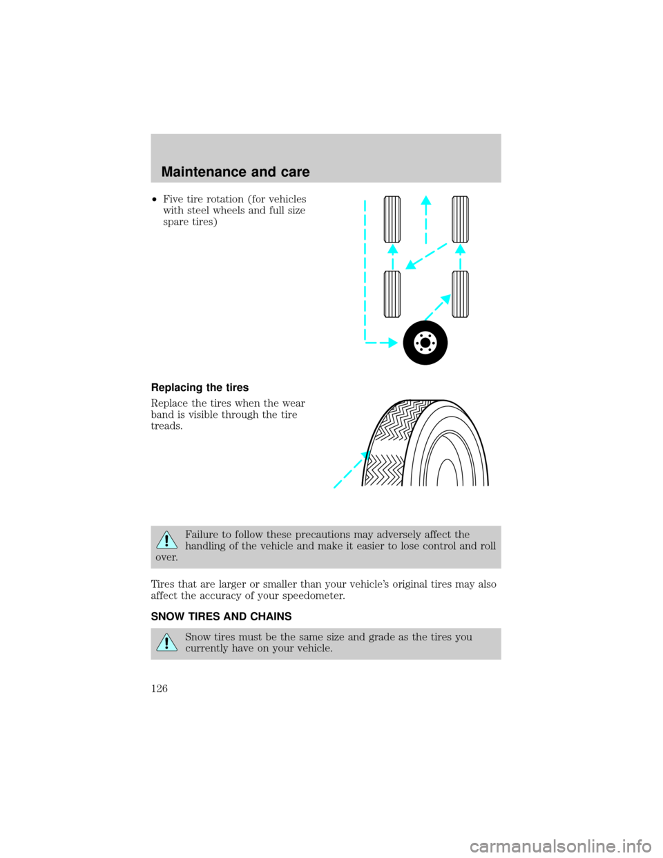 Mercury Grand Marquis 1998  Owners Manuals ²Five tire rotation (for vehicles
with steel wheels and full size
spare tires)
Replacing the tires
Replace the tires when the wear
band is visible through the tire
treads.
Failure to follow these pre