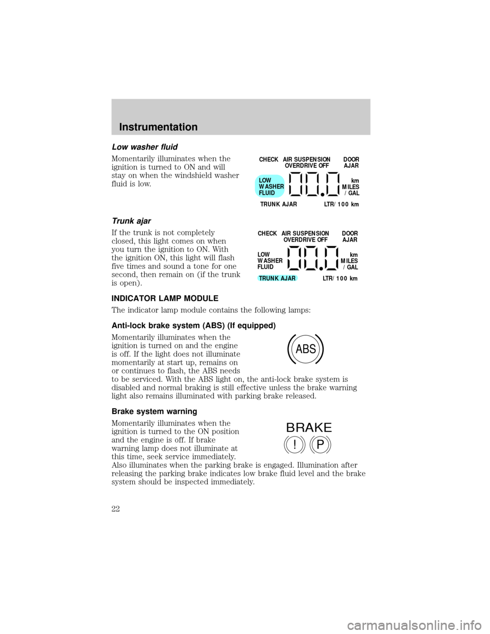 Mercury Grand Marquis 1998  s Owners Guide Low washer fluid
Momentarily illuminates when the
ignition is turned to ON and will
stay on when the windshield washer
fluid is low.
Trunk ajar
If the trunk is not completely
closed, this light comes 