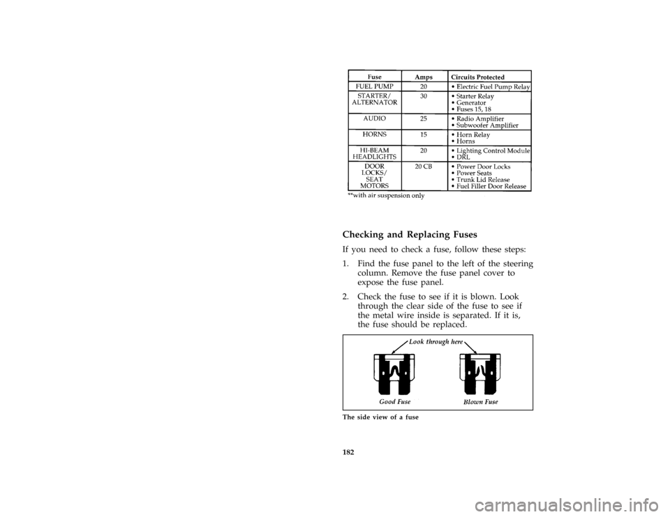 Mercury Grand Marquis 1997  s User Guide 182 [ER04300( G )12/95]
sixteen pica chart:0010691-H
%*
[ER04400( ALL)01/96]
Checking and Replacing Fuses
*
[ER04500( ALL)01/96]
If you need to check a fuse, follow these steps:
[ER04800( GV)12/95]
1.