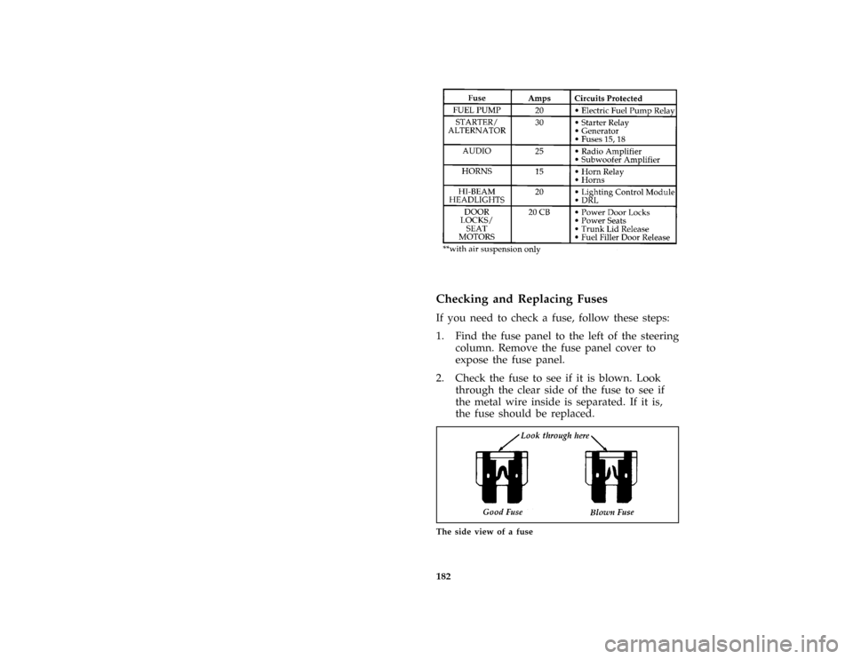 Mercury Grand Marquis 1997  s User Guide 182 [ER04300( G )12/95]
sixteen pica chart:0010691-H
%*
[ER04400( ALL)01/96]
Checking and Replacing Fuses
*
[ER04500( ALL)01/96]
If you need to check a fuse, follow these steps:
[ER04800( GV)12/95]
1.