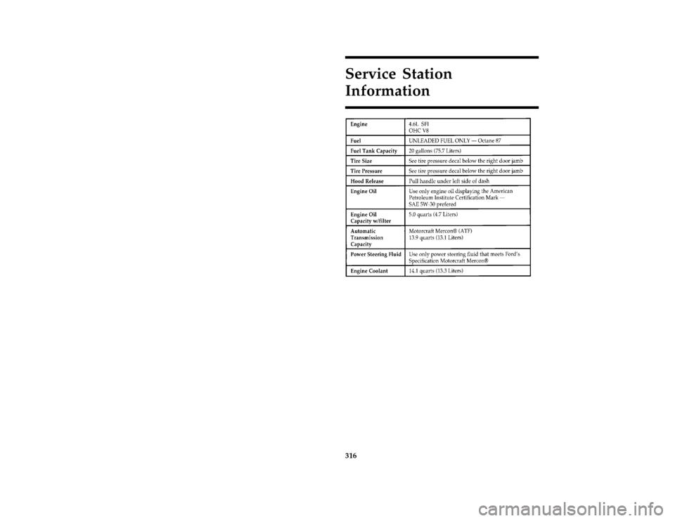 Mercury Grand Marquis 1997  s Repair Manual 316Service Station
Information
[GS00500( GV)05/96]
thirty-six pica chart:0011188-EFile:17rcgsg.ex
Update:Wed Jun 19 14:47:52 1996 