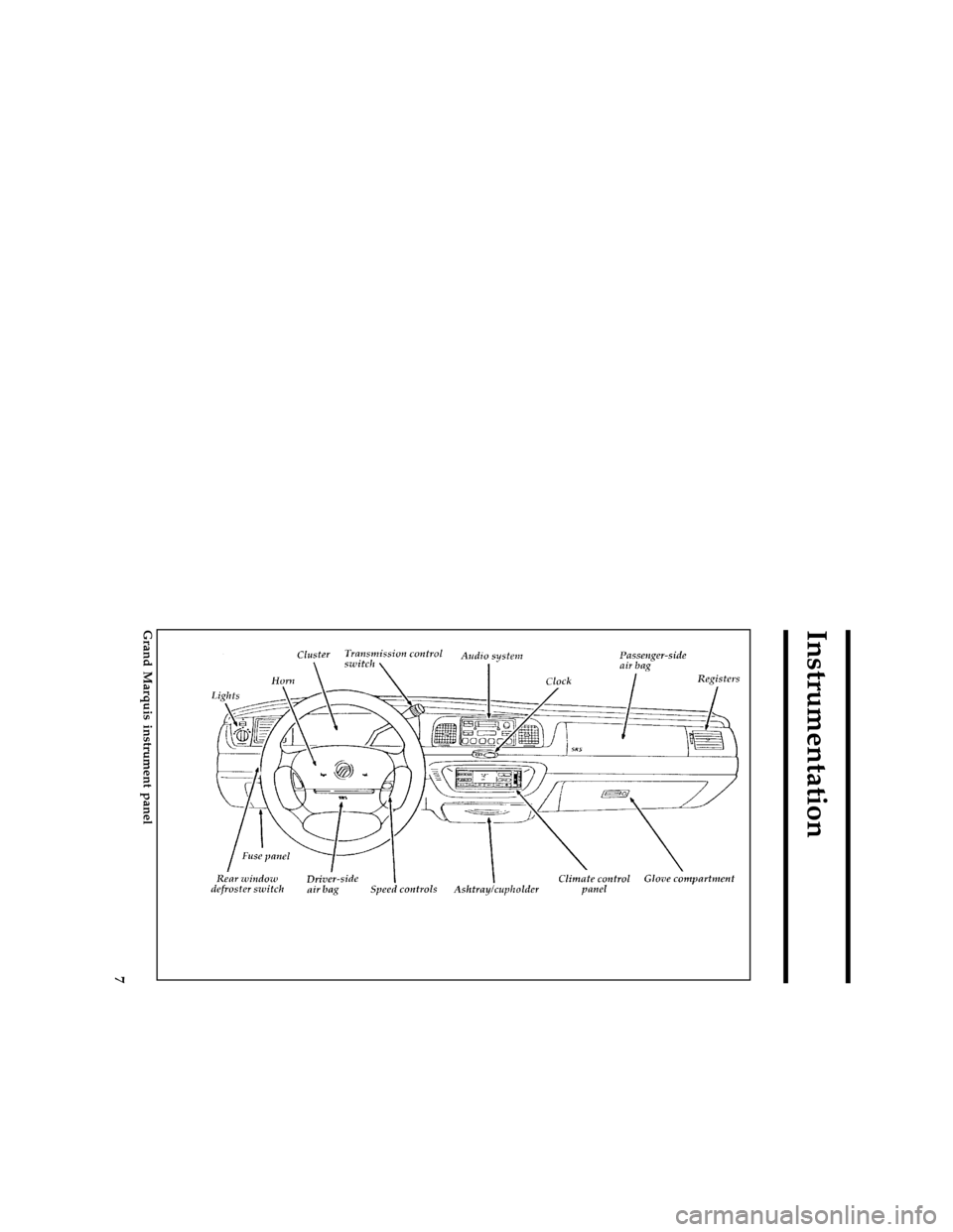 Mercury Grand Marquis 1997  Owners Manuals 7
Instrumentation
[IS00400( G )12/95]
full page art:0010102-H
Grand Marquis instrument panel
File:03rcisg.ex
Update:Tue Jun 11 13:54:07 1996 