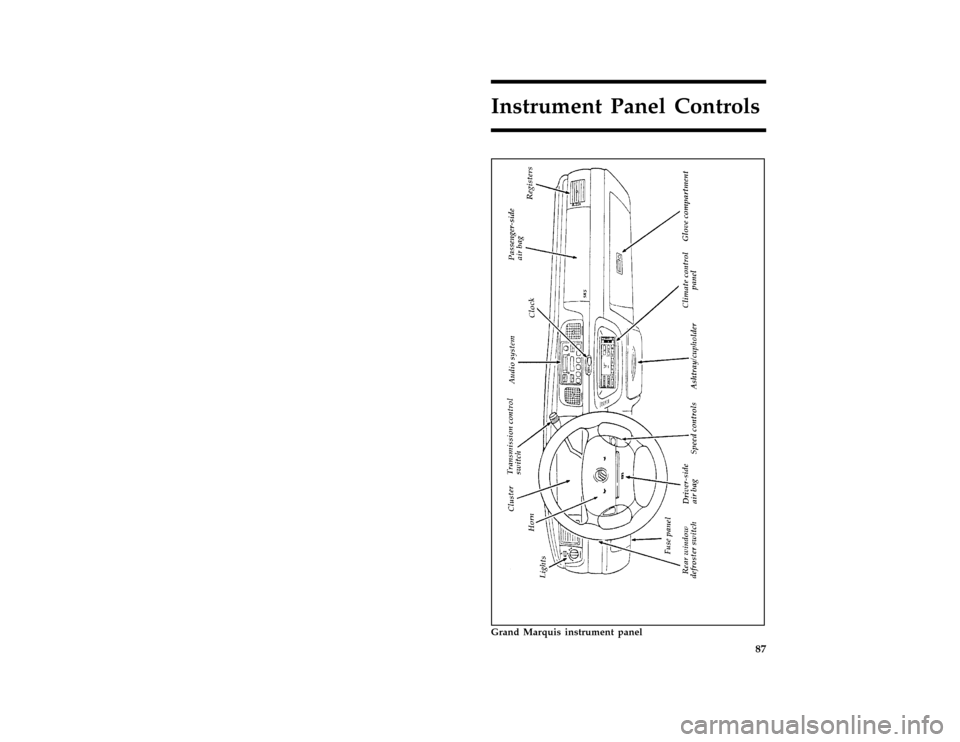 Mercury Grand Marquis 1996  Owners Manuals 87
Instrument Panel Controls
[IP00280( G )05/94]
full page art:0010102-H
Grand Marquis instrument panel
File:rcipg.ex
Update:Tue Jan 30 08:05:49 1996 