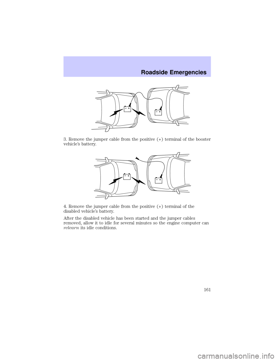 Mercury Marauder 2003  Owners Manuals 3. Remove the jumper cable from the positive (+) terminal of the booster
vehicles battery.
4. Remove the jumper cable from the positive (+) terminal of the
disabled vehicles battery.
After the disab