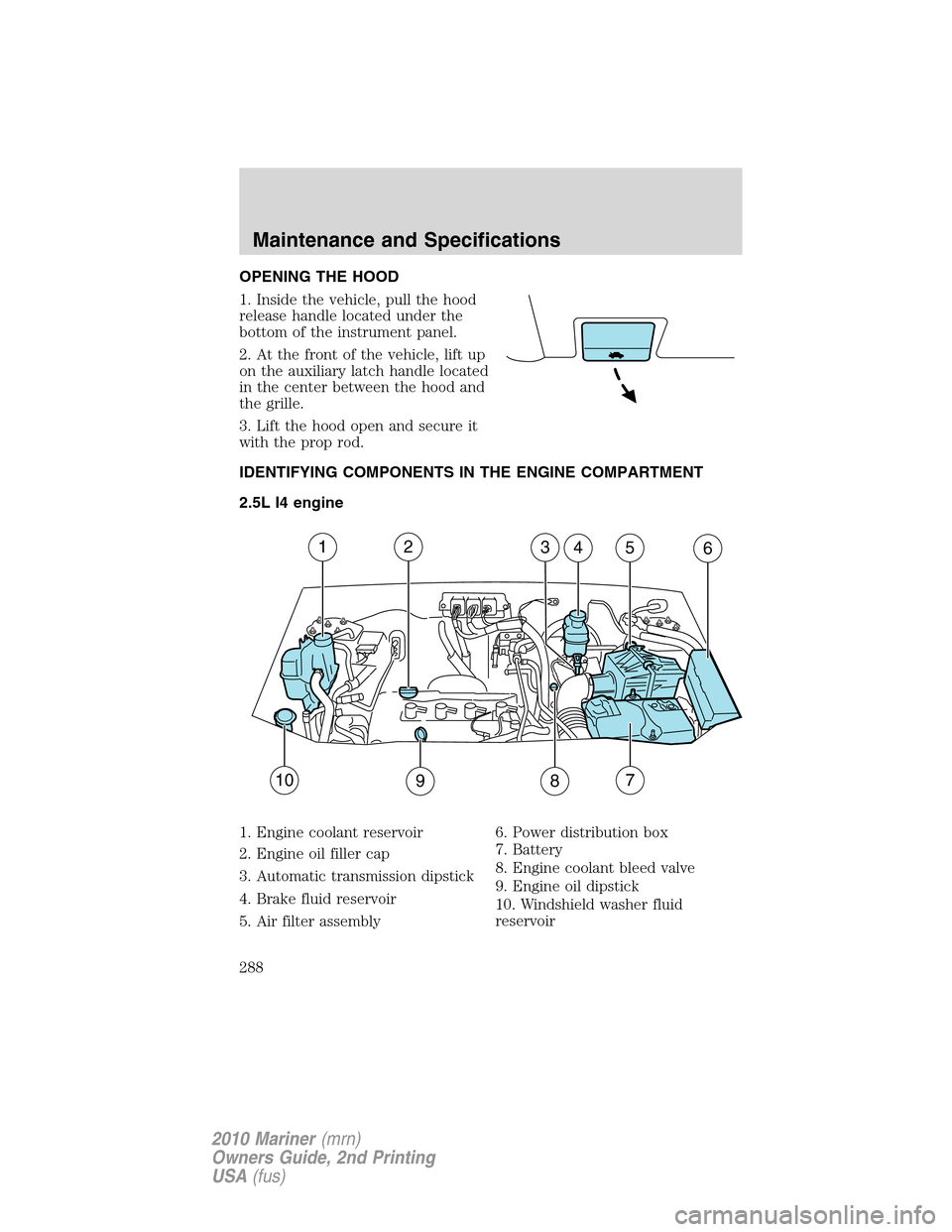 Mercury Mariner 2010  Owners Manuals OPENING THE HOOD
1. Inside the vehicle, pull the hood
release handle located under the
bottom of the instrument panel.
2. At the front of the vehicle, lift up
on the auxiliary latch handle located
in 