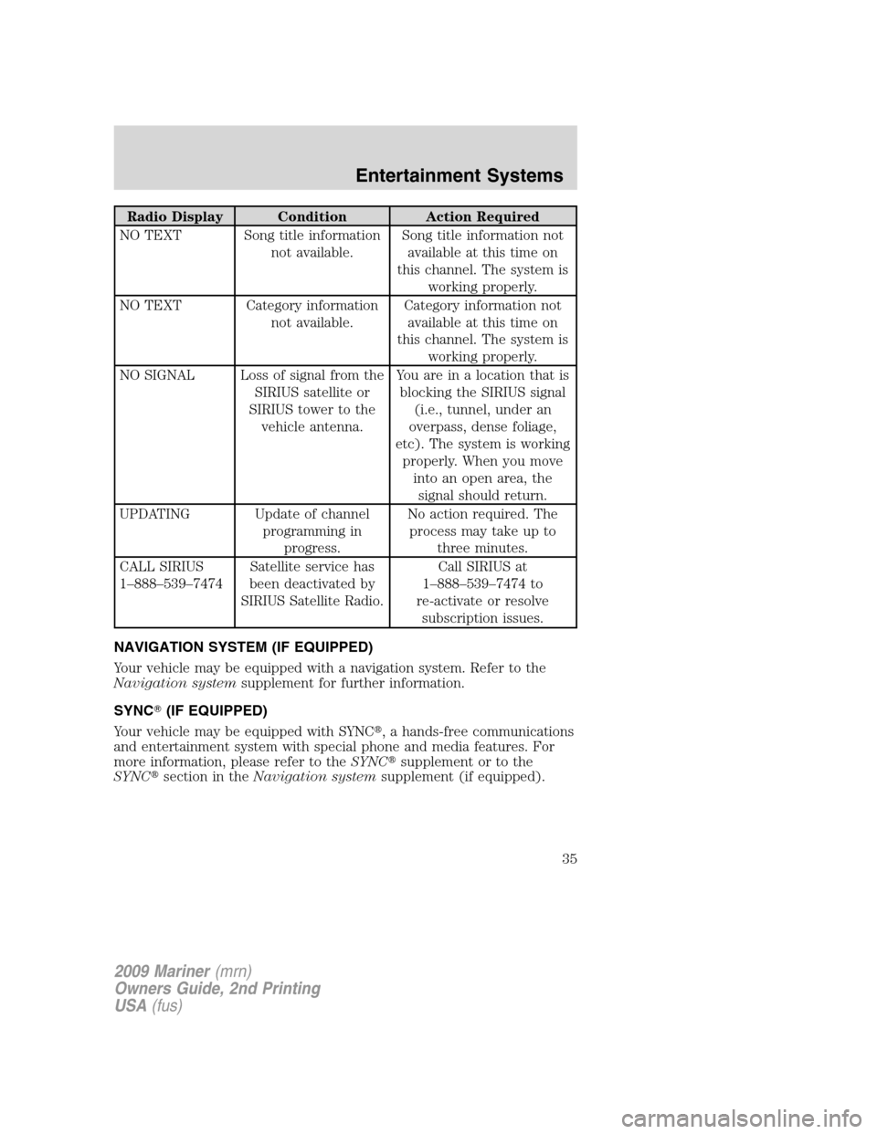 Mercury Mariner 2009  Owners Manuals Radio Display Condition Action Required
NO TEXT Song title information
not available.Song title information not
available at this time on
this channel. The system is
working properly.
NO TEXT Category