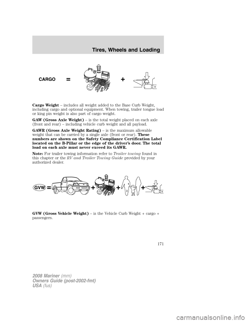 Mercury Mariner 2008 Owners Manuals Cargo Weight– includes all weight added to the Base Curb Weight,
including cargo and optional equipment. When towing, trailer tongue load
or king pin weight is also part of cargo weight.
GAW (Gross Mercury Mariner 2008 Owners Manuals Cargo Weight– includes all weight added to the Base Curb Weight,
including cargo and optional equipment. When towing, trailer tongue load
or king pin weight is also part of cargo weight.
GAW (Gross