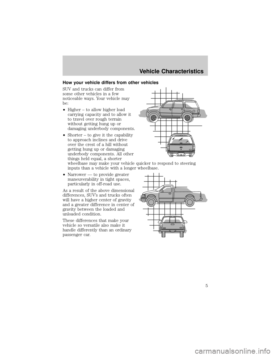 Mercury Mariner 2008 Manual del propietario (in Spanish) How your vehicle differs from other vehicles
SUV and trucks can differ from
some other vehicles in a few
noticeable ways. Your vehicle may
be:
²Higher ± to allow higher load
carrying capacity and to Mercury Mariner 2008 Manual del propietario (in Spanish) How your vehicle differs from other vehicles
SUV and trucks can differ from
some other vehicles in a few
noticeable ways. Your vehicle may
be:
²Higher ± to allow higher load
carrying capacity and to