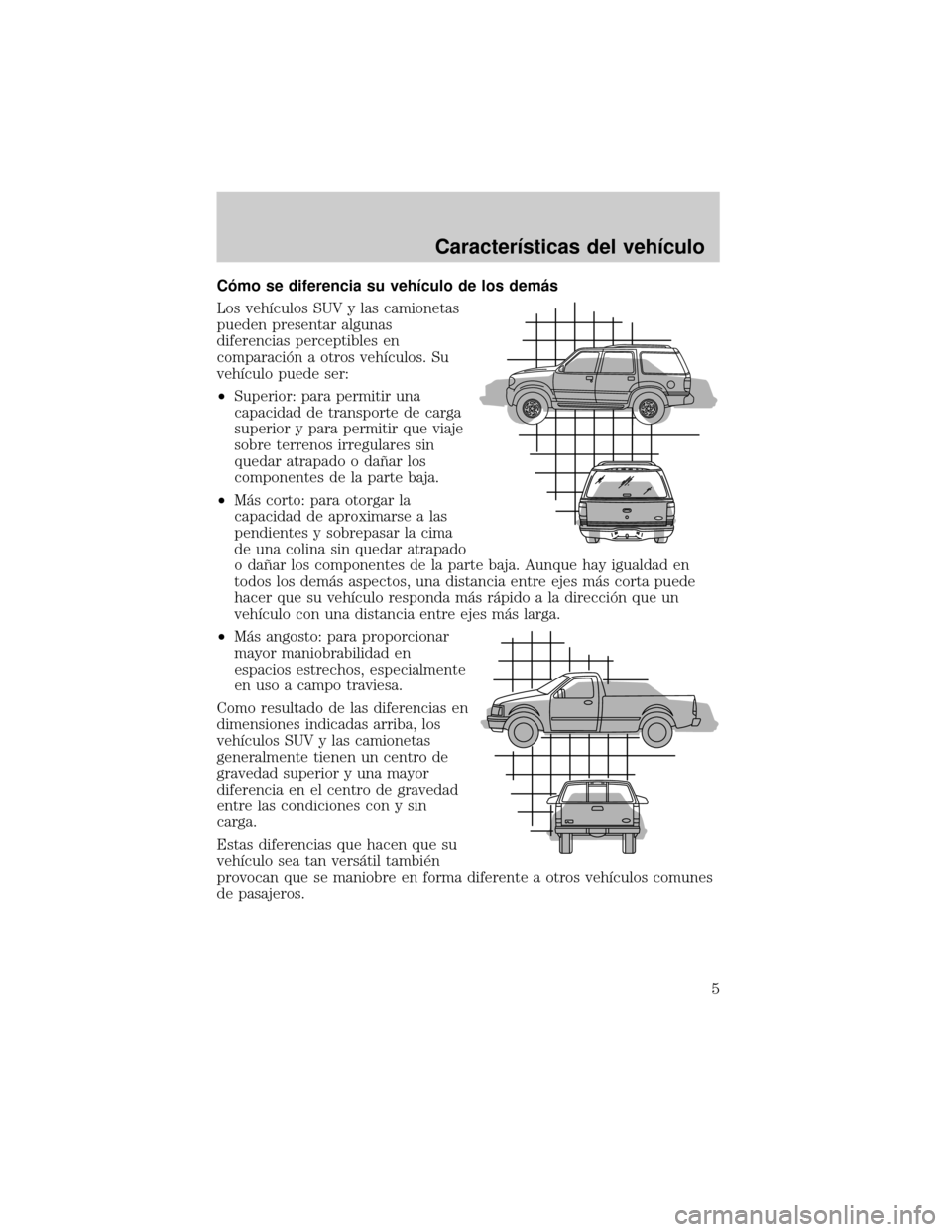 Mercury Mariner 2008 Manual del propietario (in Spanish) Câmo se diferencia su vehÛculo de los demµs
Los vehÛculos SUV y las camionetas
pueden presentar algunas
diferencias perceptibles en
comparaciân a otros vehÛculos. Su
vehÛculo puede ser:
²Super Mercury Mariner 2008 Manual del propietario (in Spanish) Câmo se diferencia su vehÛculo de los demµs
Los vehÛculos SUV y las camionetas
pueden presentar algunas
diferencias perceptibles en
comparaciân a otros vehÛculos. Su
vehÛculo puede ser:
²Super