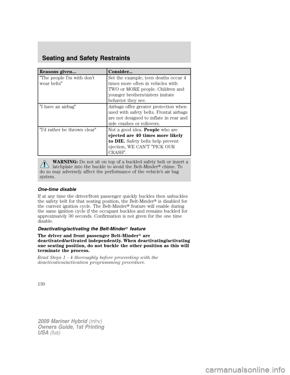 Mercury Mariner Hybrid 2009  Owners Manuals Reasons given... Consider...
The people I’m with don’t
wear beltsSet the example, teen deaths occur 4
times more often in vehicles with
TWO or MORE people. Children and
younger brothers/sisters 