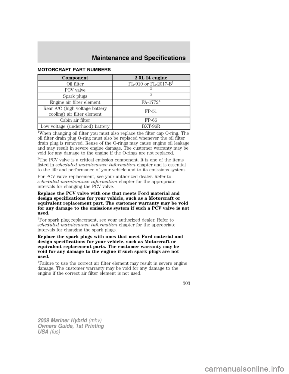 Mercury Mariner Hybrid 2009  Owners Manuals MOTORCRAFT PART NUMBERS
Component 2.5L I4 engine
Oil filter FL-910 or FL-2017-B1
PCV valve2
Spark plugs3
Engine air filter element FA-17724
Rear A/C (high voltage battery
cooling) air filter elementFP