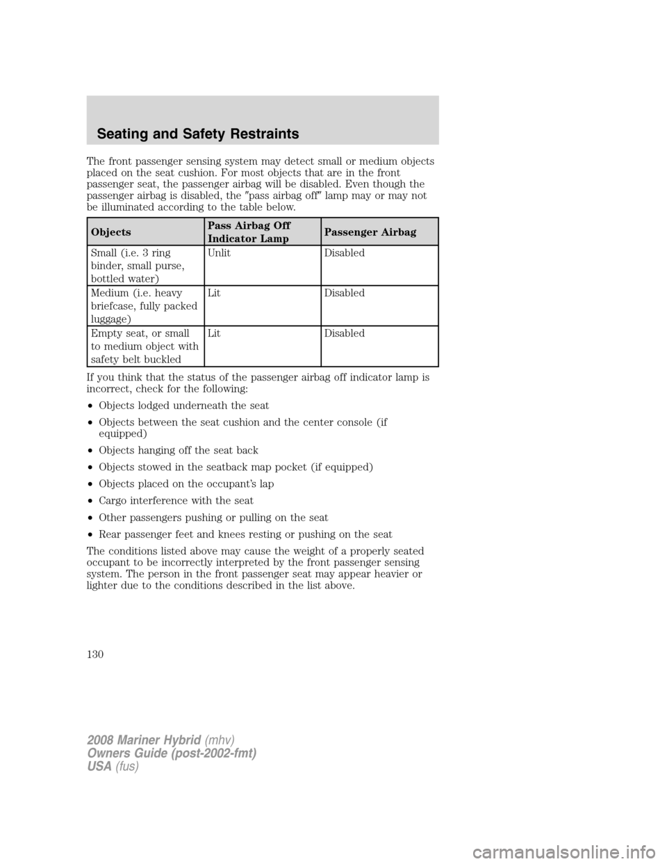 Mercury Mariner Hybrid 2008  Owners Manuals The front passenger sensing system may detect small or medium objects
placed on the seat cushion. For most objects that are in the front
passenger seat, the passenger airbag will be disabled. Even tho