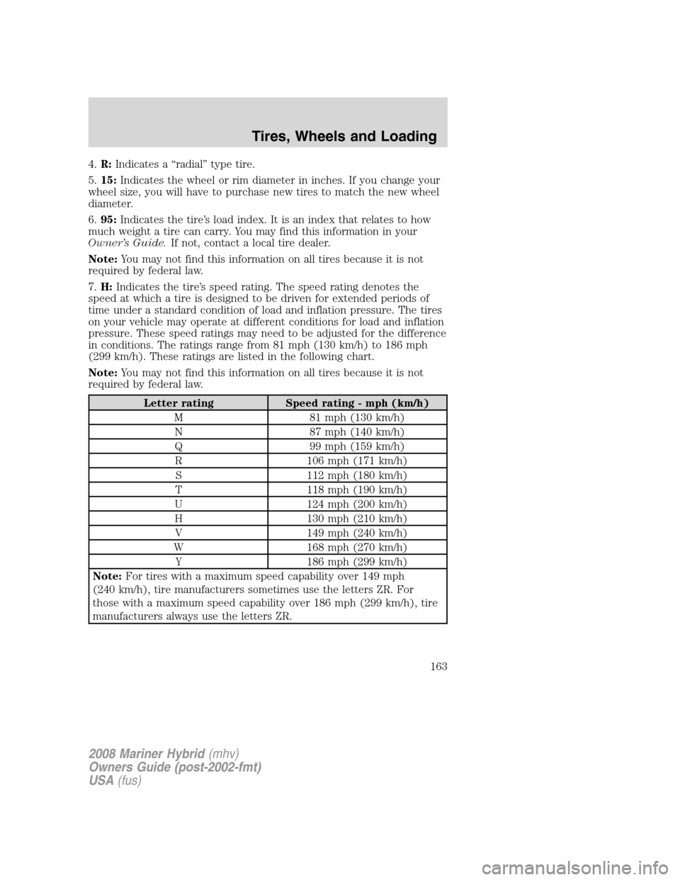 Mercury Mariner Hybrid 2008  Owners Manuals 4.R:Indicates a “radial” type tire.
5.15:Indicates the wheel or rim diameter in inches. If you change your
wheel size, you will have to purchase new tires to match the new wheel
diameter.
6.95:Ind