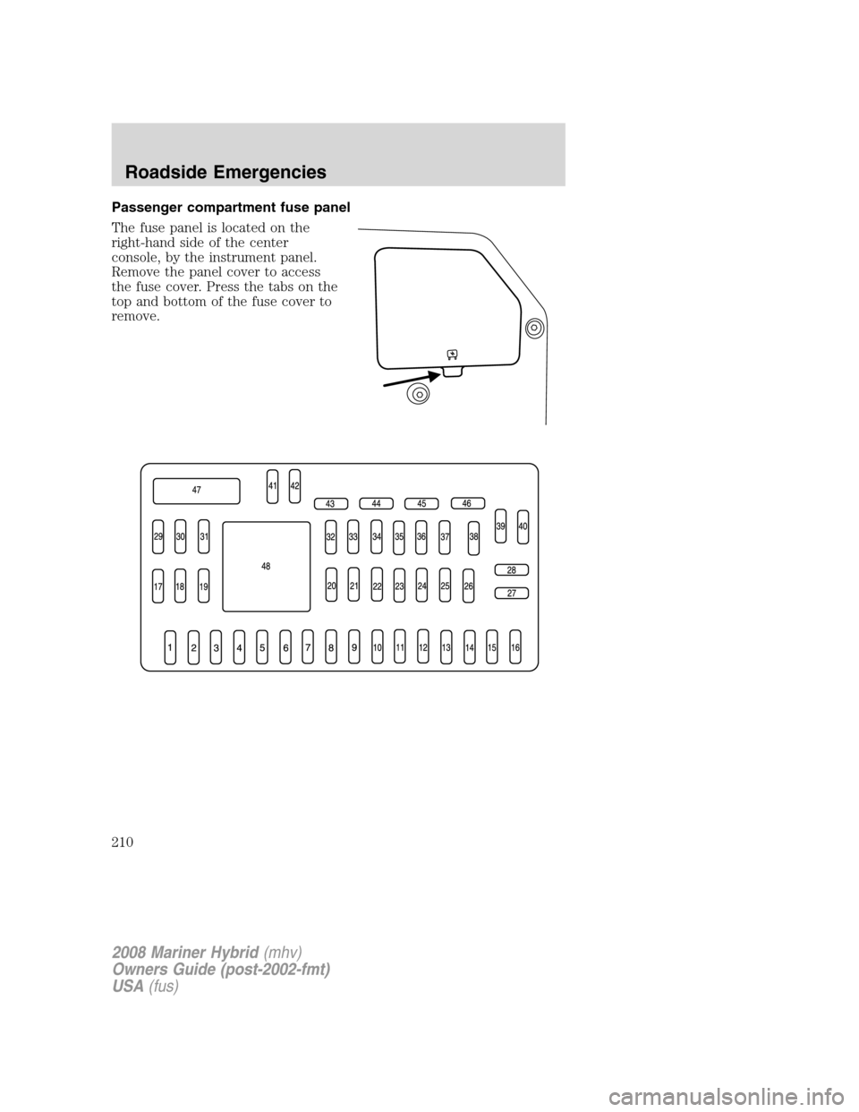 Mercury Mariner Hybrid 2008  Owners Manuals Passenger compartment fuse panel
The fuse panel is located on the
right-hand side of the center
console, by the instrument panel.
Remove the panel cover to access
the fuse cover. Press the tabs on the