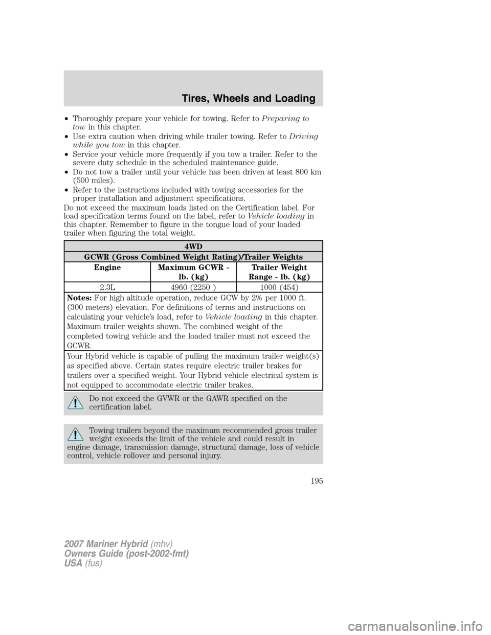 Mercury Mariner Hybrid 2007  s Owners Guide •Thoroughly prepare your vehicle for towing. Refer toPreparing to
towin this chapter.
•Use extra caution when driving while trailer towing. Refer toDriving
while you towin this chapter.
•Service