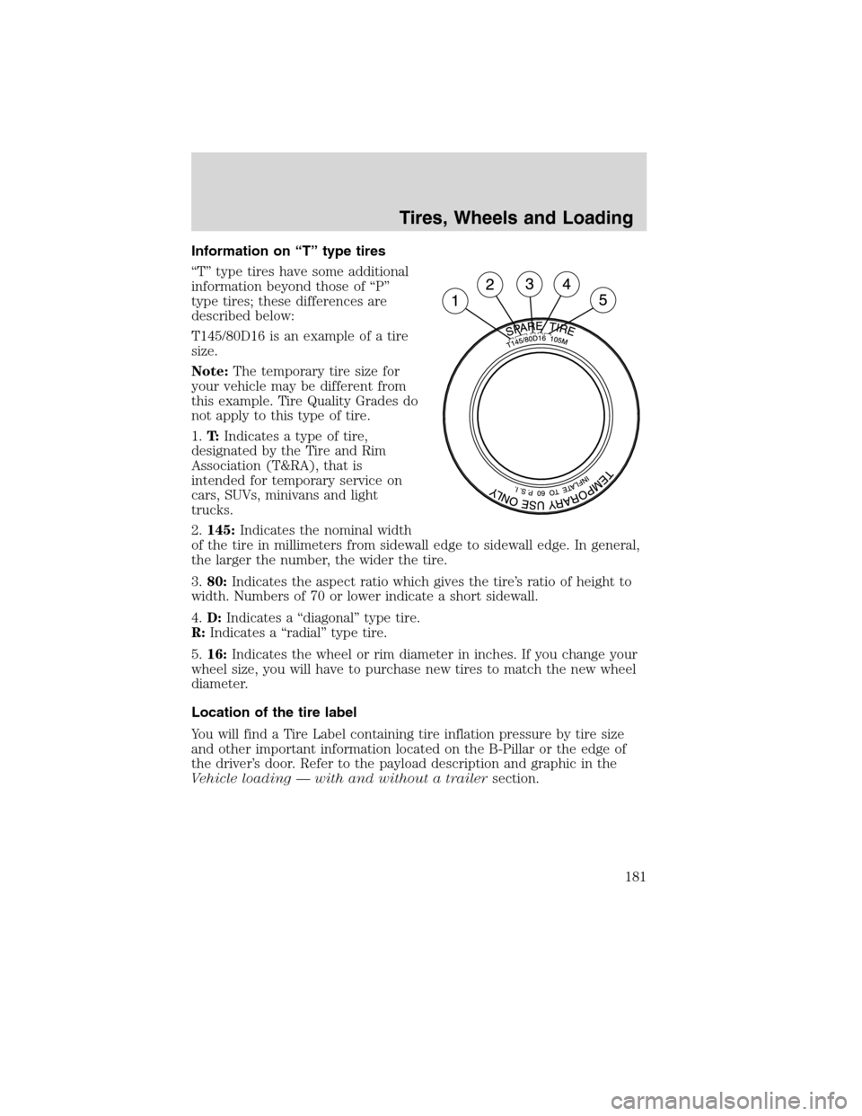 Mercury Milan 2010  Owners Manuals Information on “T” type tires
“T” type tires have some additional
information beyond those of “P”
type tires; these differences are
described below:
T145/80D16 is an example of a tire
size