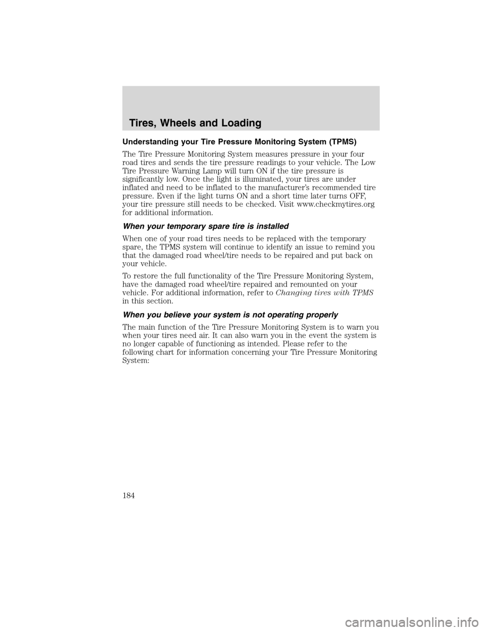 Mercury Milan 2010  Owners Manuals Understanding your Tire Pressure Monitoring System (TPMS)
The Tire Pressure Monitoring System measures pressure in your four
road tires and sends the tire pressure readings to your vehicle. The Low
Ti