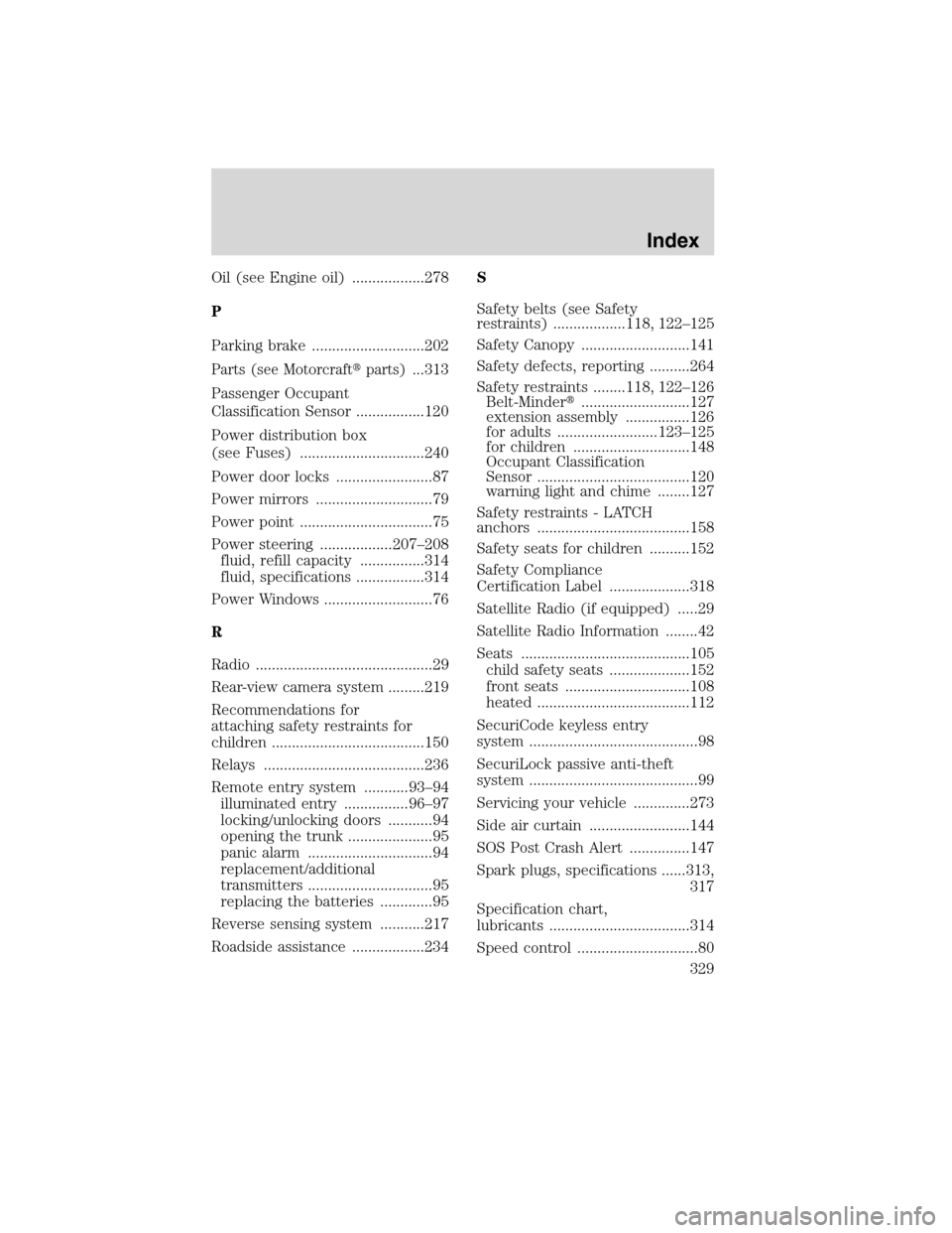 Mercury Milan 2010  Owners Manuals Oil (see Engine oil) ..................278
P
Parking brake ............................202
Parts (see Motorcraftparts)...313
Passenger Occupant
Classification Sensor .................120
Power distri