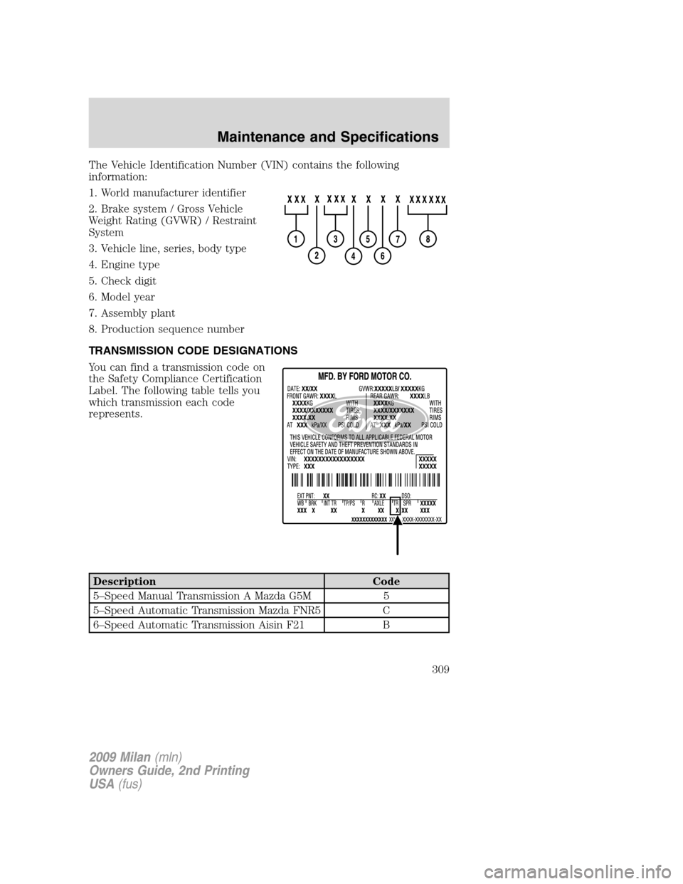 Mercury Milan 2009 Owners Manuals The Vehicle Identification Number (VIN) contains the following
information:
1. World manufacturer identifier
2. Brake system / Gross Vehicle
Weight Rating (GVWR) / Restraint
System
3. Vehicle line, se Mercury Milan 2009 Owners Manuals The Vehicle Identification Number (VIN) contains the following
information:
1. World manufacturer identifier
2. Brake system / Gross Vehicle
Weight Rating (GVWR) / Restraint
System
3. Vehicle line, se