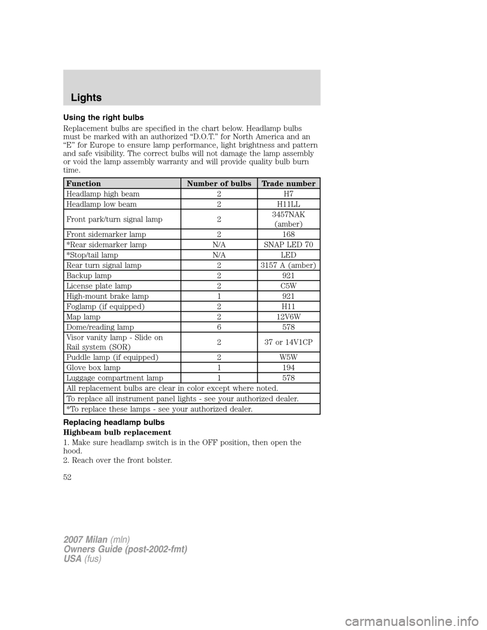 Mercury Milan 2007  Owners Manuals Using the right bulbs
Replacement bulbs are specified in the chart below. Headlamp bulbs
must be marked with an authorized “D.O.T.” for North America and an
“E” for Europe to ensure lamp perfo