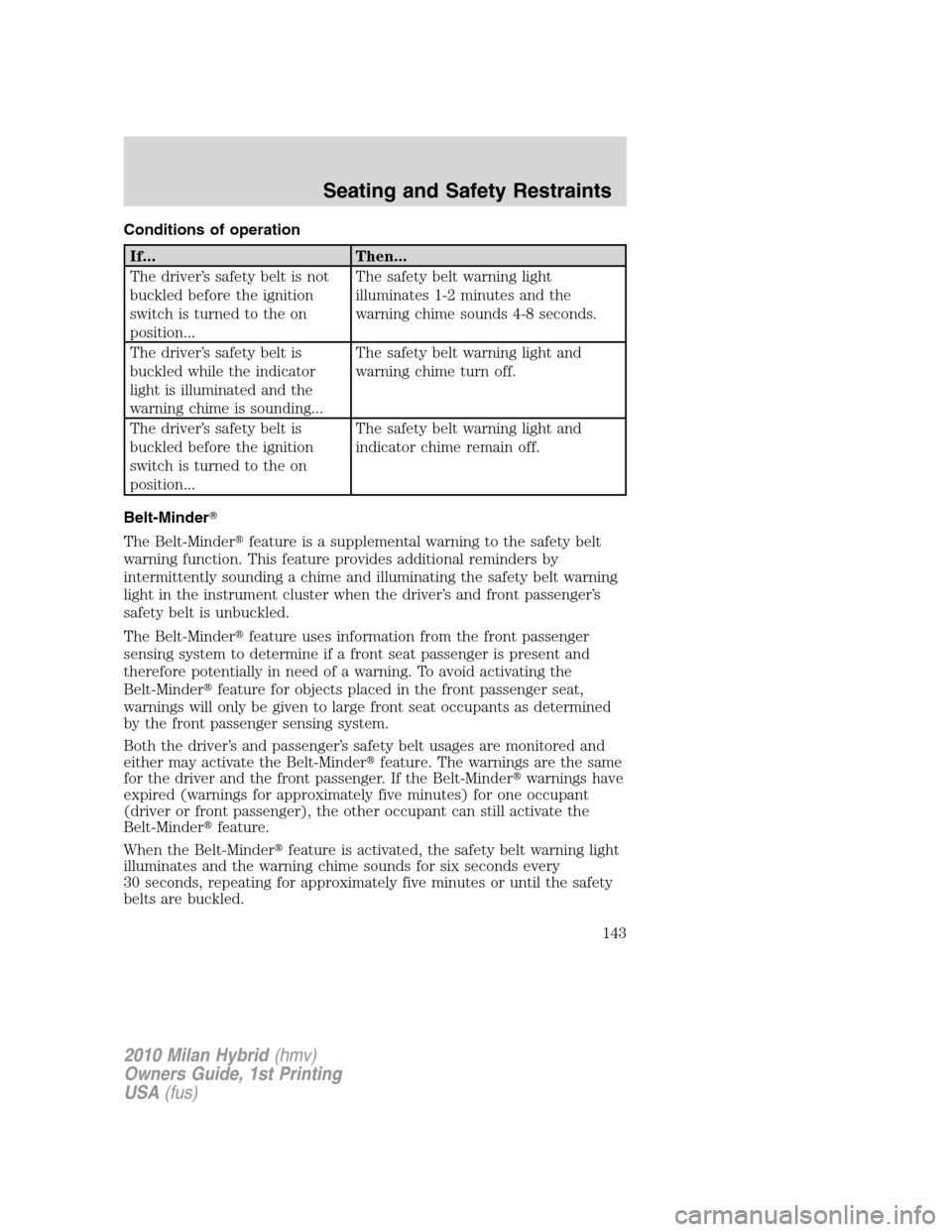 Mercury Milan Hybrid 2010  s Repair Manual Conditions of operation
If... Then...
The driver’s safety belt is not
buckled before the ignition
switch is turned to the on
position...The safety belt warning light
illuminates 1-2 minutes and the
