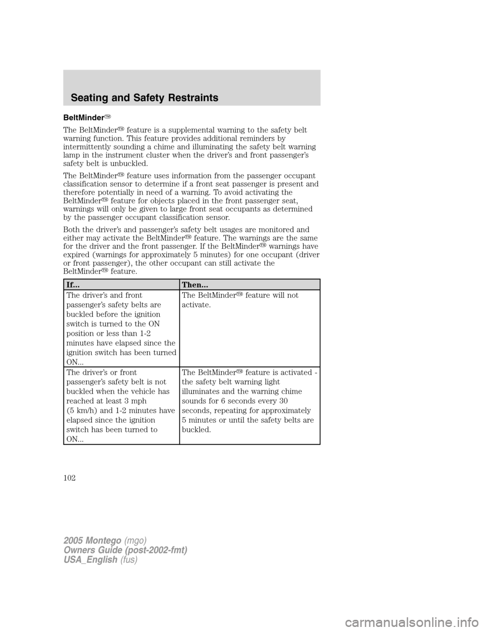 Mercury Montego 2005  Owners Manuals BeltMinder
The BeltMinderfeature is a supplemental warning to the safety belt
warning function. This feature provides additional reminders by
intermittently sounding a chime and illuminating the saf