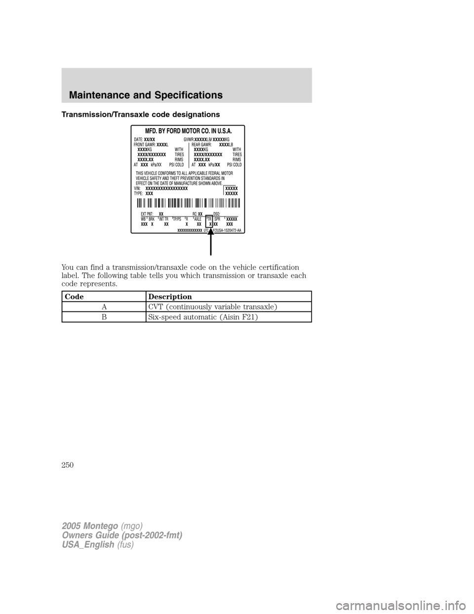 Mercury Montego 2005  Owners Manuals Transmission/Transaxle code designations
You can find a transmission/transaxle code on the vehicle certification
label. The following table tells you which transmission or transaxle each
code represen