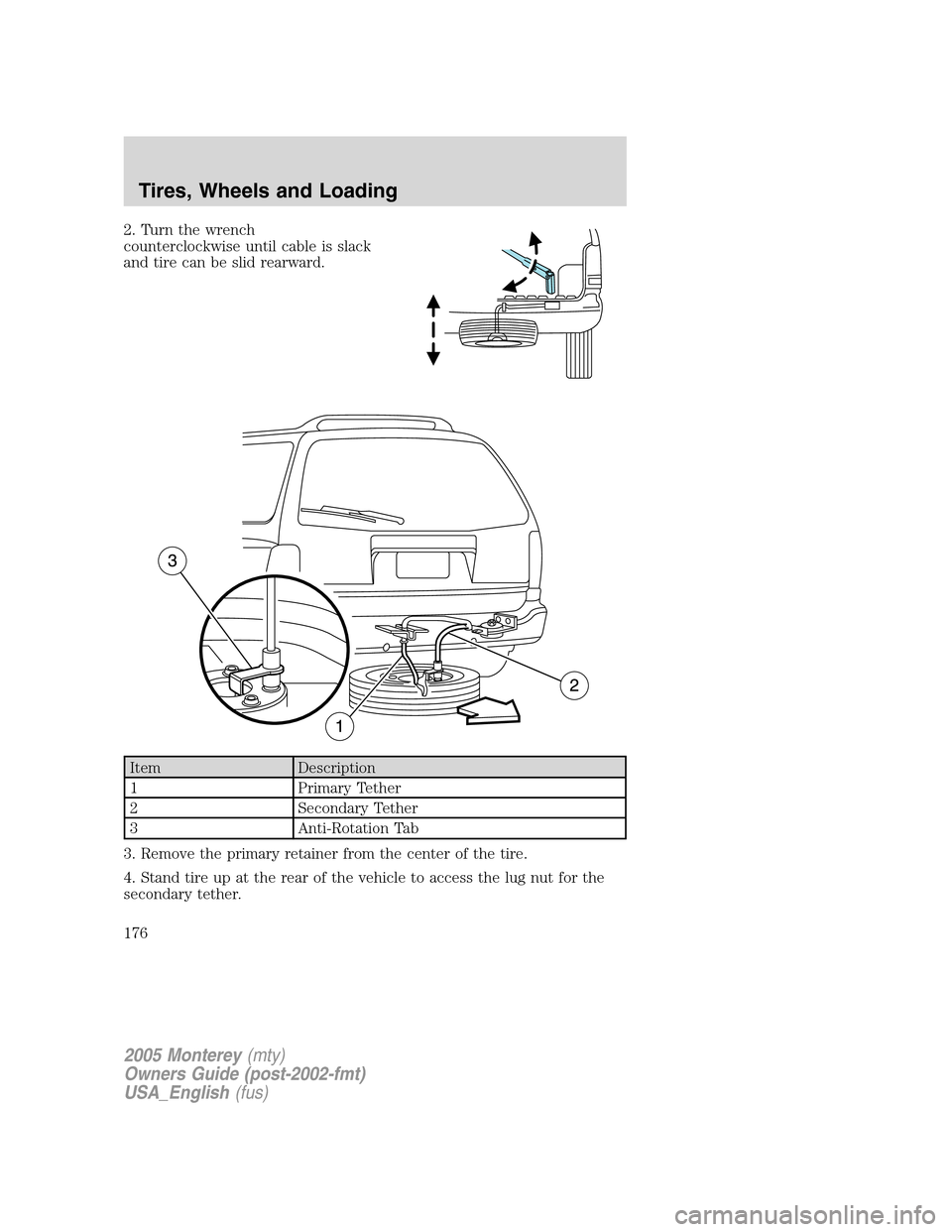 Mercury Monterey 2005 s User Guide 2. Turn the wrench
counterclockwise until cable is slack
and tire can be slid rearward.
Item Description
1 Primary Tether
2 Secondary Tether
3 Anti-Rotation Tab
3. Remove the primary retainer from the Mercury Monterey 2005 s User Guide 2. Turn the wrench
counterclockwise until cable is slack
and tire can be slid rearward.
Item Description
1 Primary Tether
2 Secondary Tether
3 Anti-Rotation Tab
3. Remove the primary retainer from the