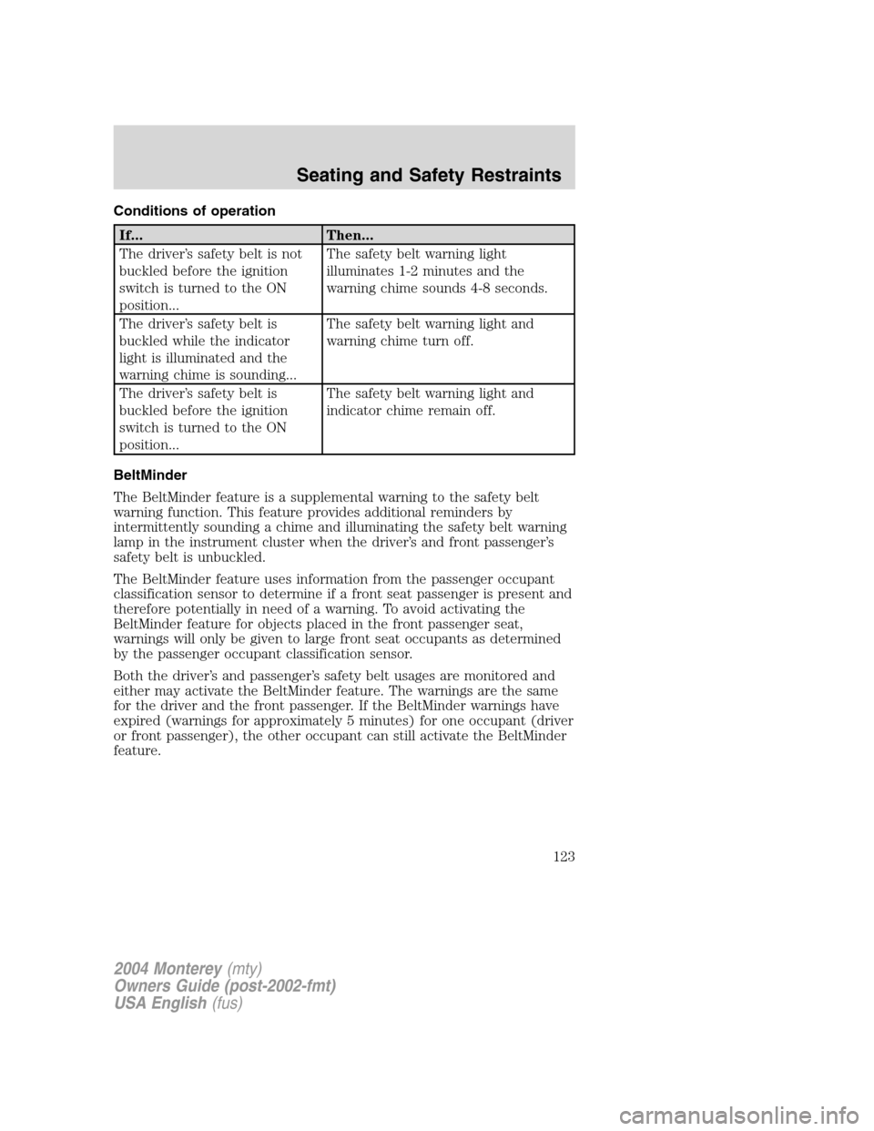 Mercury Monterey 2004  Owners Manuals Conditions of operation
If... Then...
The driver’s safety belt is not
buckled before the ignition
switch is turned to the ON
position...The safety belt warning light
illuminates 1-2 minutes and the
