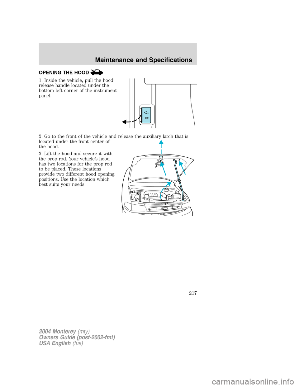 Mercury Monterey 2004  Owners Manuals OPENING THE HOOD
1. Inside the vehicle, pull the hood
release handle located under the
bottom left corner of the instrument
panel.
2. Go to the front of the vehicle and release the auxiliary latch tha