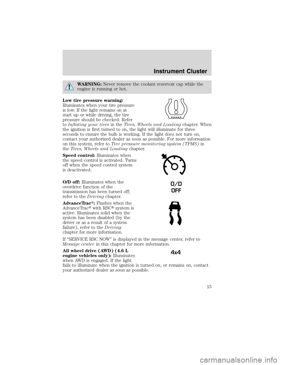 Mercury Mountaineer 2010  s User Guide WARNING:Never remove the coolant reservoir cap while the
engine is running or hot.
Low tire pressure warning:
Illuminates when your tire pressure
is low. If the light remains on at
start up or while d