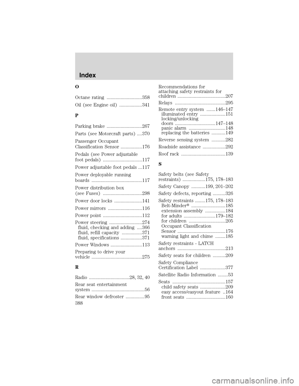 Mercury Mountaineer 2010  Owners Manuals O
Octane rating ............................358
Oil (see Engine oil) ..................341
P
Parking brake ............................267
Parts (see Motorcraft parts) ....370
Passenger Occupant
Class